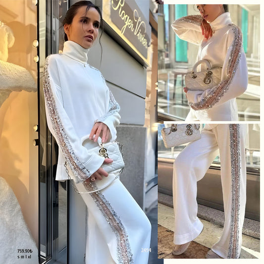 ⏳Spécial à durée limitée⏰Ensemble sweat-shirt à col haut et sequins à la mode👚👖