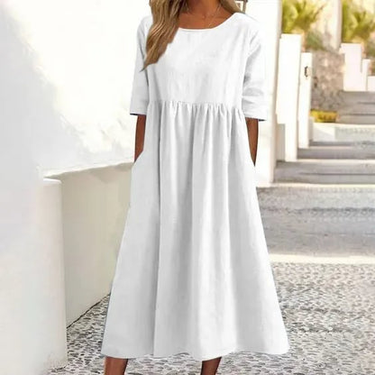 👗Réduction pour le début de l'été💝Robe décontractée en coton à col ras du cou et à poches pour femmes(🔥50% de réduction)