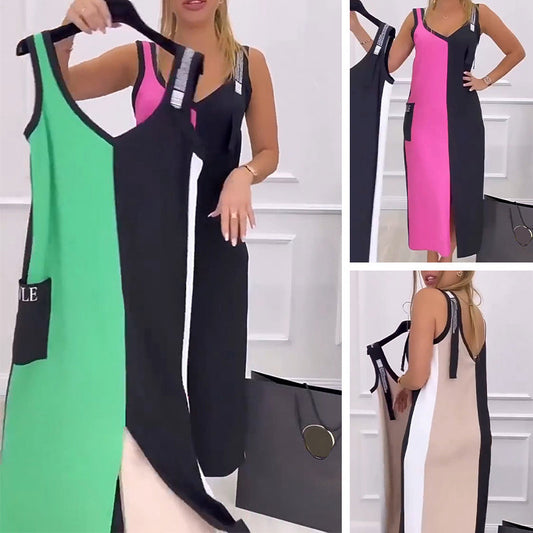 🌸Réduction de 50% pour l'été 💐 Robe en tricot sans manches à col en V et à couleurs contrastées