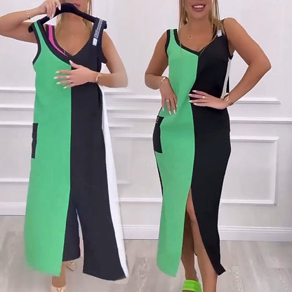 🌸Réduction de 50% pour l'été 💐 Robe en tricot sans manches à col en V et à couleurs contrastées