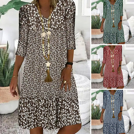 ☀Robe imprimée à manches cinq-quarts printemps/été