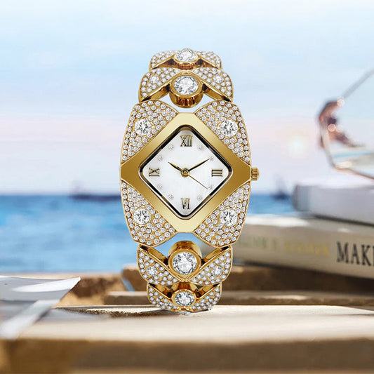 Montre à quartz rétro pour femme avec strass scintillants