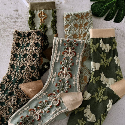 Chaussettes en coton à fleurs pour femmes (5 paires/1 jeu)